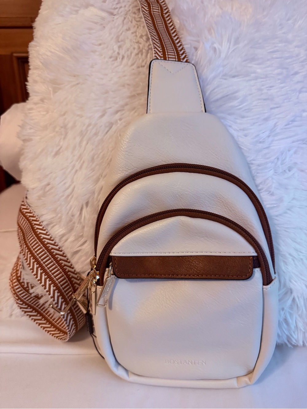 Bostanten Cream Crossbody Sling Bag with Brown Trim